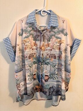 Resort-Button Front Shirt in Blue and Cream